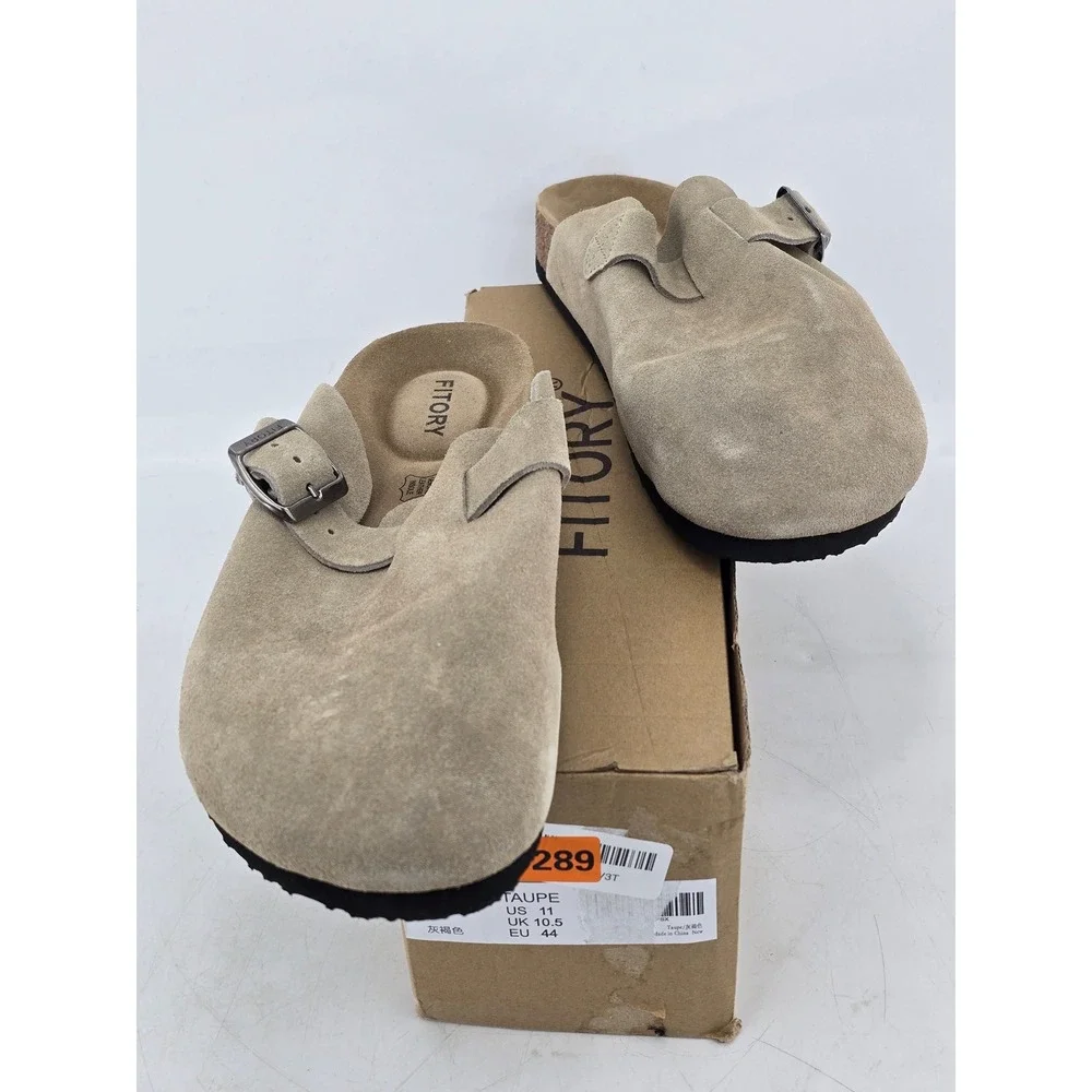Fitory Suede Clogs Mens Size 11 Taupe Leather Mules Buckle Shoes‎ -Good